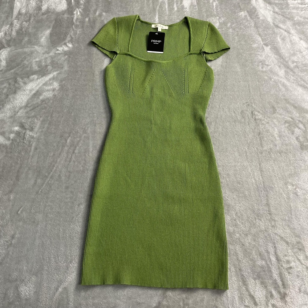 Tclet Dress Womens M Green Knit Bodycon Sweetheart Short Sleeve Mini Sweater NWT
